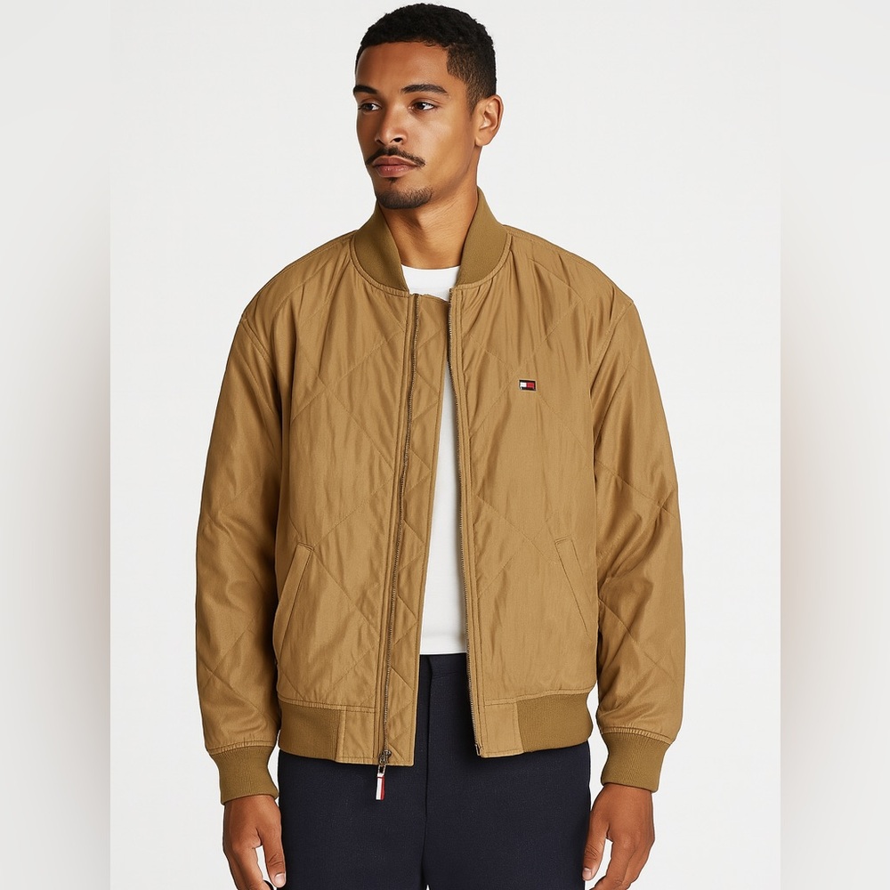 Tommy Hilfiger L Men’s Quilted Brown Camel Bomber Full Zip Jacket